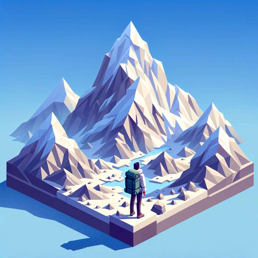 someone gazing at Mount Everest, low polygon isometric render